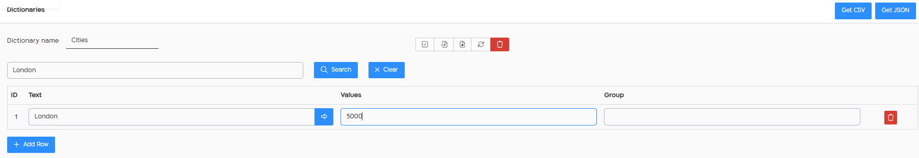 Dictionary screen with the search box, Search and Clear buttons, and the filtered records table