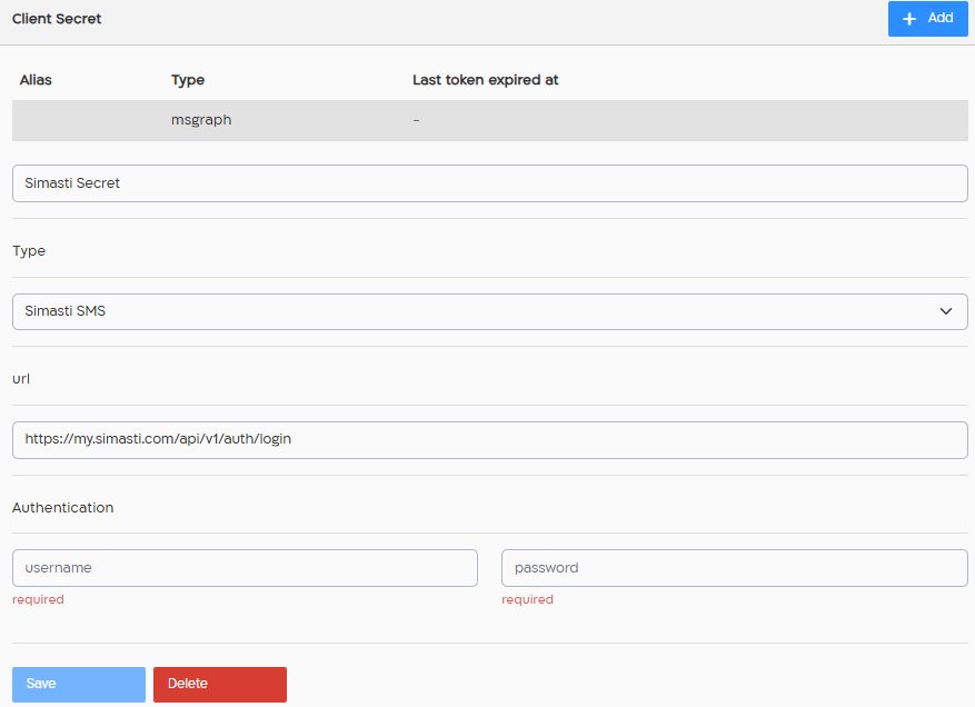 Client Secret form with Type “Simasti SMS”