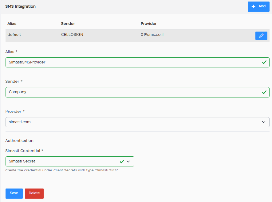 SMS Integration form with provider simasti.com and the Simasti credential selected